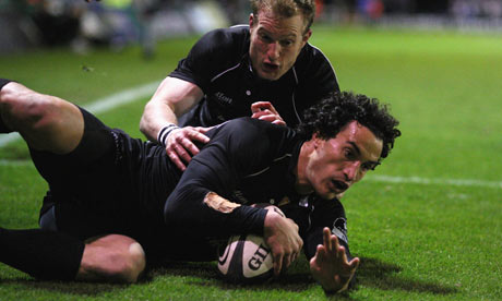 Tane Tu'ipulotu dives over to score Newcastle's try at Kingston Park