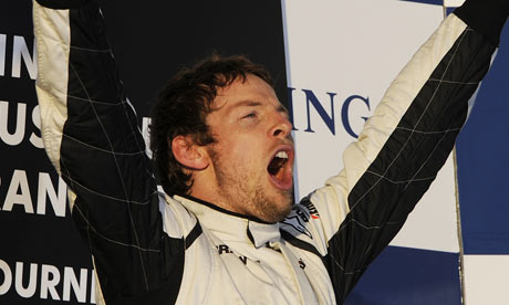 Jenson Button celebrates after winning the Australian grand prix