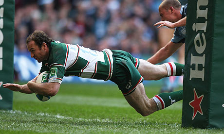 Geordan Murphy dives over to score the second Leicester try against Cardiff Blues