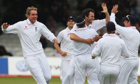 Graham Onions of England celebrates the wicket of Lendl Simmons of West Indies