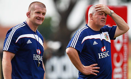 Warren Gatland with Graham Rowntree at a Lions training session in Durban, South Africa
