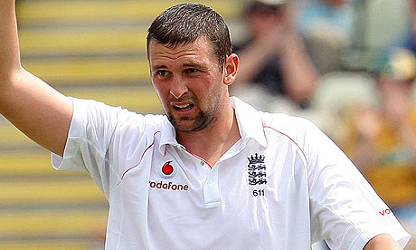 Steve Harmison celebrates after taking the wicket of Australia's Simon Katich