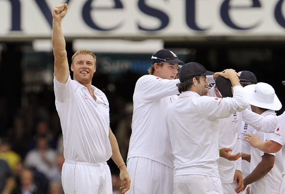 Ashes second Test: Andrew Flintoff celebrates dismissing Simon Katich in the second Ashes Test
