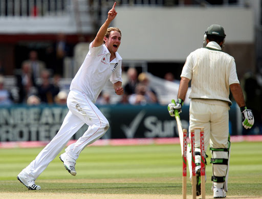 Ashes second Test: Stuart Broad celebrates after bowling Ricky Ponting