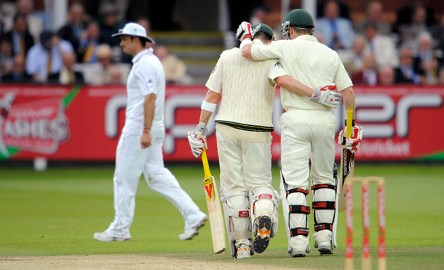 Ashes second Test: Michael Clarke and Brad Haddin walk off together at the close of play