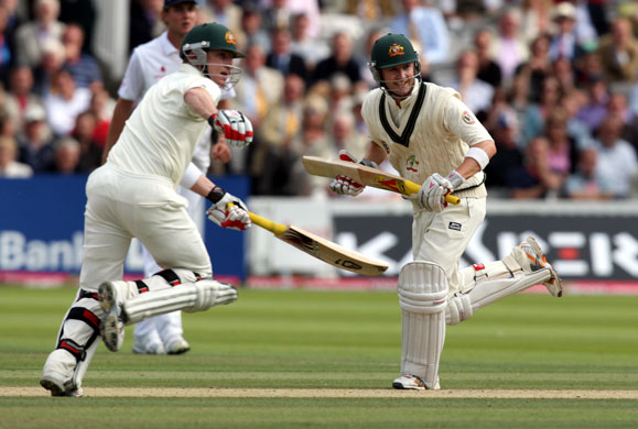 Ashes second Test: Michael Clarke, right, takes a run with Brad Haddin