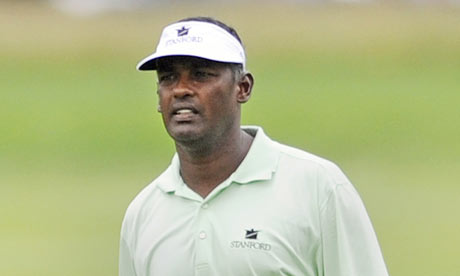 Vijay Singh shows his Stanford logo off