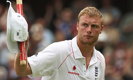 Andrew Flintoff acknowledges the crowd after England's victory