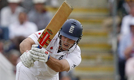 Andrew Strauss plays a shot on day two of the third Ashes Test.