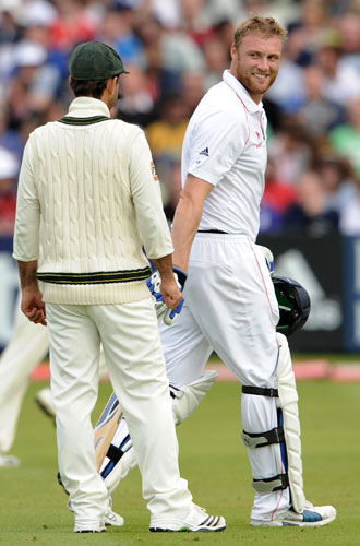 Andrew Flintoff: Andrew Flintoff banters with Ricky Ponting at Edgbaston