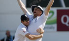 Andrew Flintoff celebrates after running out Ricky Ponting during the fifth Ashes Test at the Oval