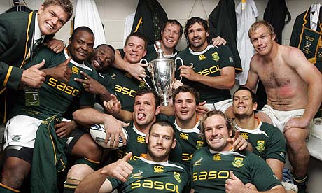 South Africa celebrate winning the Tri-Nations after beating New Zealand at Waikato Stadium