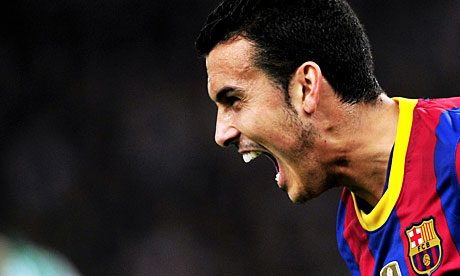 Barcelona's Pedro Rodriguez celebrates a goal against Panathinaikos