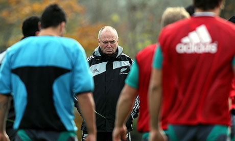 New Zealand head coach Graham Henry watches his players during training at Bath University