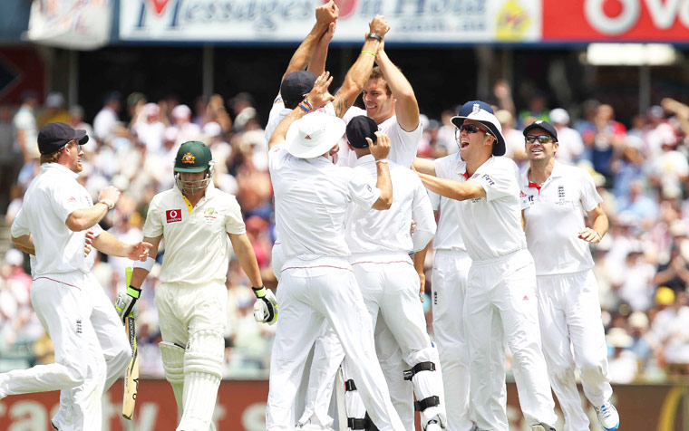 Ashes 2010: England celebrate the wicket of Philip Hughes