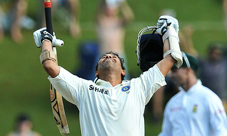 Sachin Tendulkar celebrates after completing the 50th Test century of his career
