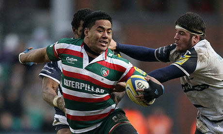 Manu Tuilagi the Leicester centre slips past Sale's defence