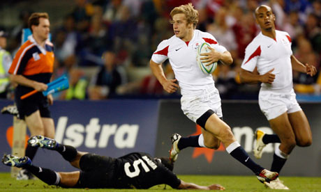 England's Mathew Tait scores against New Zealand in Commonwealth Games rugby sevens in Melbourne