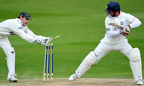 Chris Read of Nottinghamshire stumps Phil Mustard