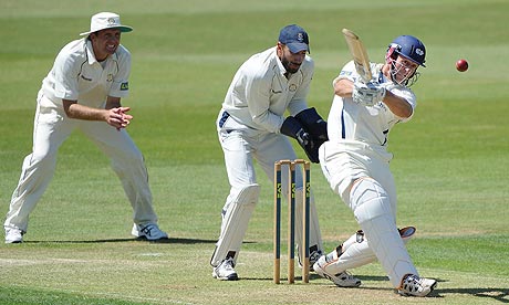 Joe Sayers of Yorkshire scores four from the bowling of Rangana Herath