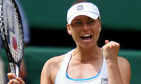 Vera Zvonareva celebrates after beating Tsvetana Pironkova to reach the 