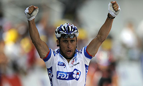 France's Sandy Casar celebrates winning stage nine of the Tour de France