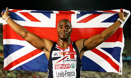 Mark Lewis-Francis celebrates winning the silver medal in the final of the 100m in Barcelona