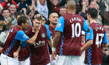 James Milner is congratulated by his Aston Villa teammates after scoring against West Ham.