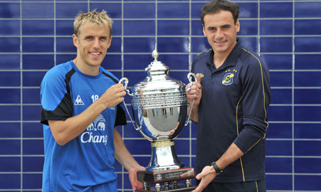 Everton captain Phil Neville and Everton Chile captain Gustavon Tulo Dalsasso