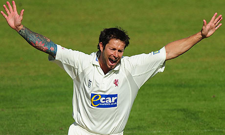 Peter Trego celebrates after taking the wicket of Durham batsman Ian Blackwell