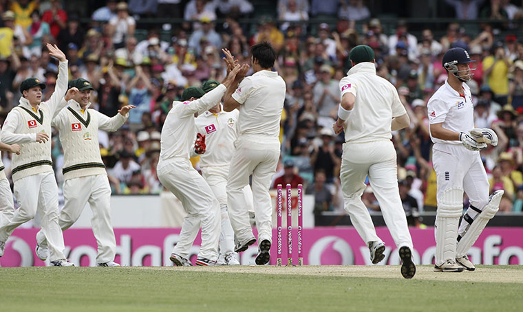 Ashes 2010: Australia celebrate the wicket of Jonathan Trott