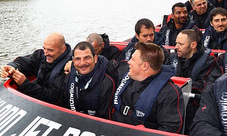 The France squad enjoys jet boating in Auckland's harbour