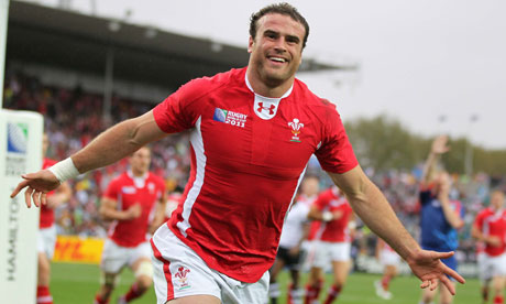 Jamie Roberts celebrates scoring the first try for Wales