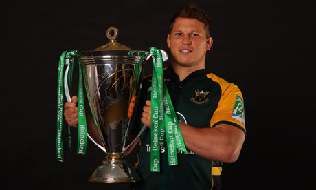 Dylan Hartley gets his hands on the Heineken Cup at the tournament launch