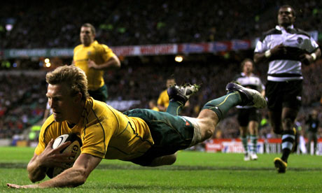Lachie Turner of Australia scores a try against the Barbarians at Twickenham
