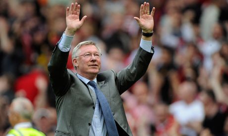 Sir Alex Ferguson salutes the Old Trafford crowd as Manchester United secure their 19th league title