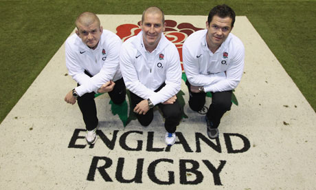 The England coaching team of Stuart Lancaster, centre, Andy Farrell, right, and Graham Rowntree