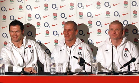 Andy Farrell, left, Stuart Lancaster, middle and Graham Rowntree face the press at Twickenham