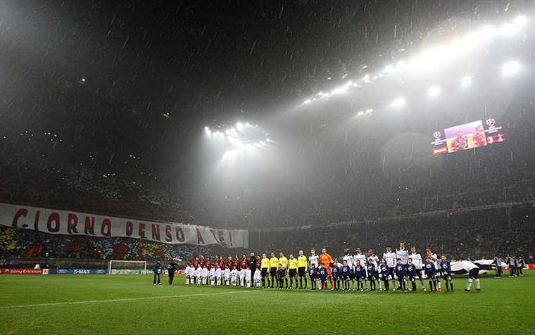 Milan v Spurs: Players line up before the Milan v Tottenham match at the San Siro