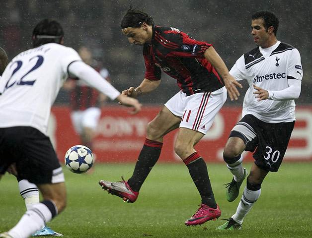 Milan v Spurs: Zlatan Ibrahimovic brings the ball under control 