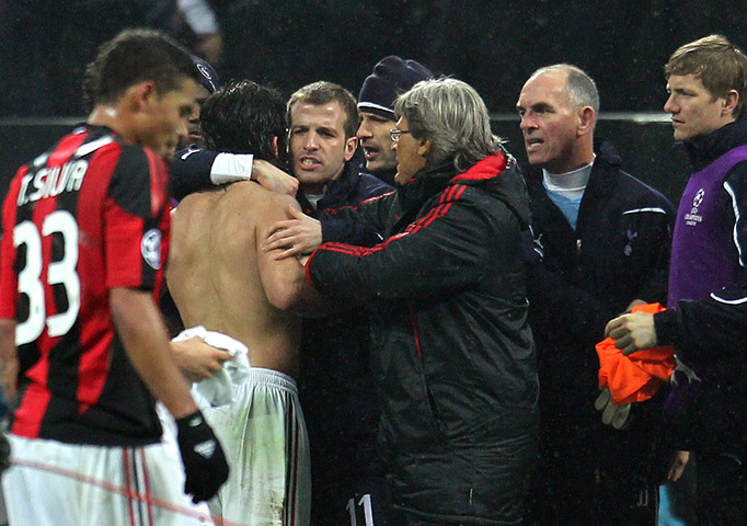 Milan v Spurs: Rafael van der Vaart attempts to calm down Gennaro Gattuso