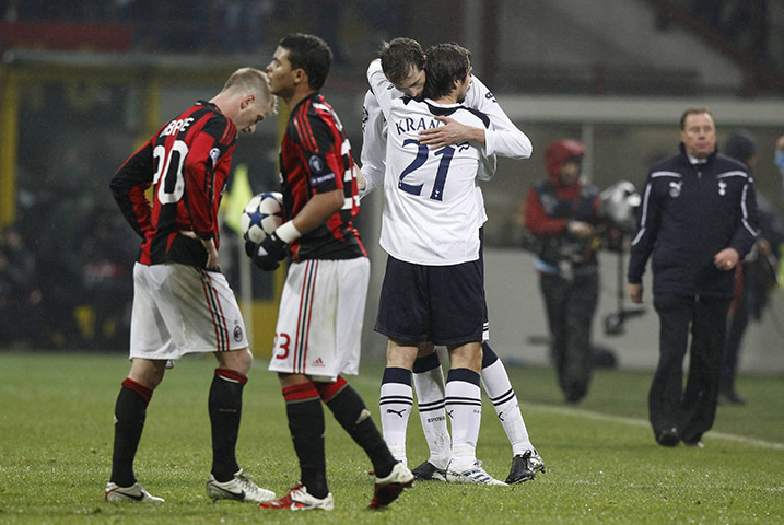 Milan v Spurs: Peter Crouch celebrates with Kranjcar