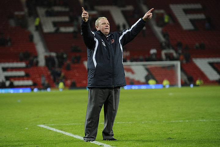 Man Utd v Crawley: Crawley manager Steve Evans points to his fans after final whistle