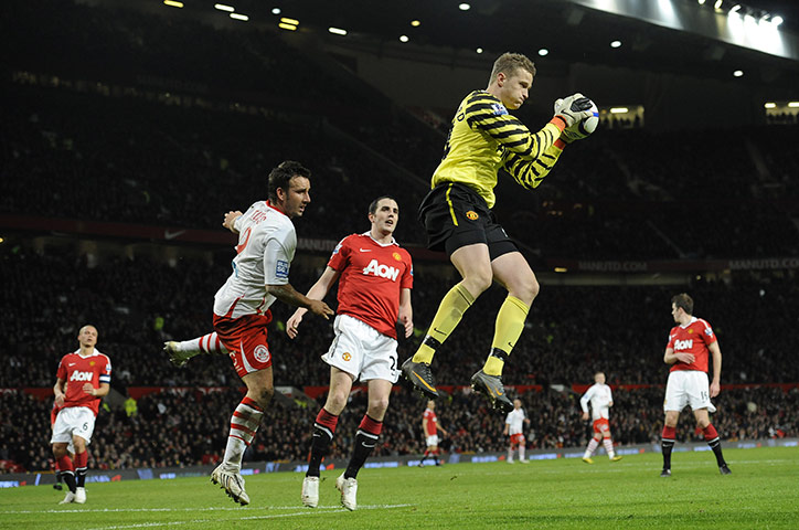 Man Utd v Crawley: Anders Lindegaard easily intercepts a cross before it gets to Matt Tubbs
