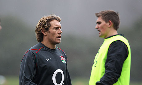 Jonny Wilkinson, left, and Toby Flood during an England training session in Bagshot on Tuesday