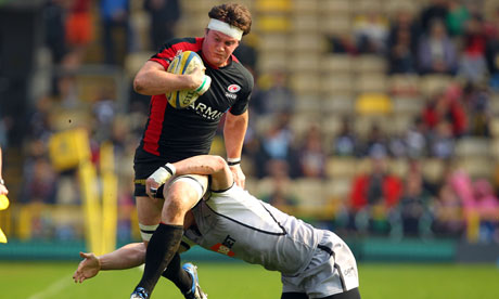 Saracens flanker Andy Saull is stopped in his tracks during his side's win over Newcastle.