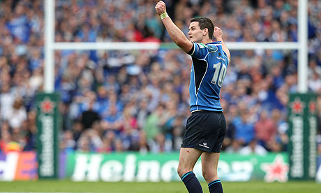 Leinster's Jonathan Sexton celebrates after kicking a penalty goal