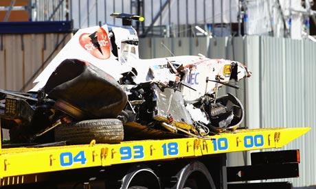 Sergio Perez's wrecked Sauber