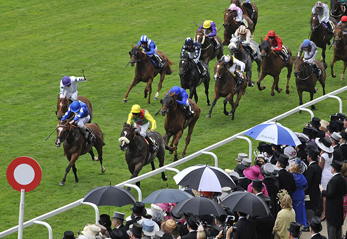 Royal Ascot Day 2: Julienas ridden by Eddie Ahern (yellow hat) wins the Royal Hunt Cup 