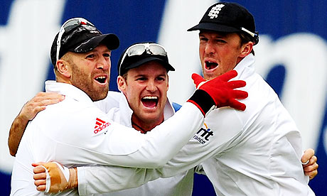 Matt Prior, Andrew Strauss and Graeme Swann celebrate after England completed their win at Edgbaston